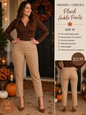 Amanda + Chelsea Womens Size 10 Plaid Ankle Pants Tan Brown Stretch Career Fall